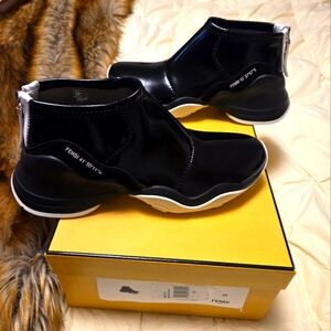 Fendi Patent Leather High-Top Sneakers with Chunky Sole.